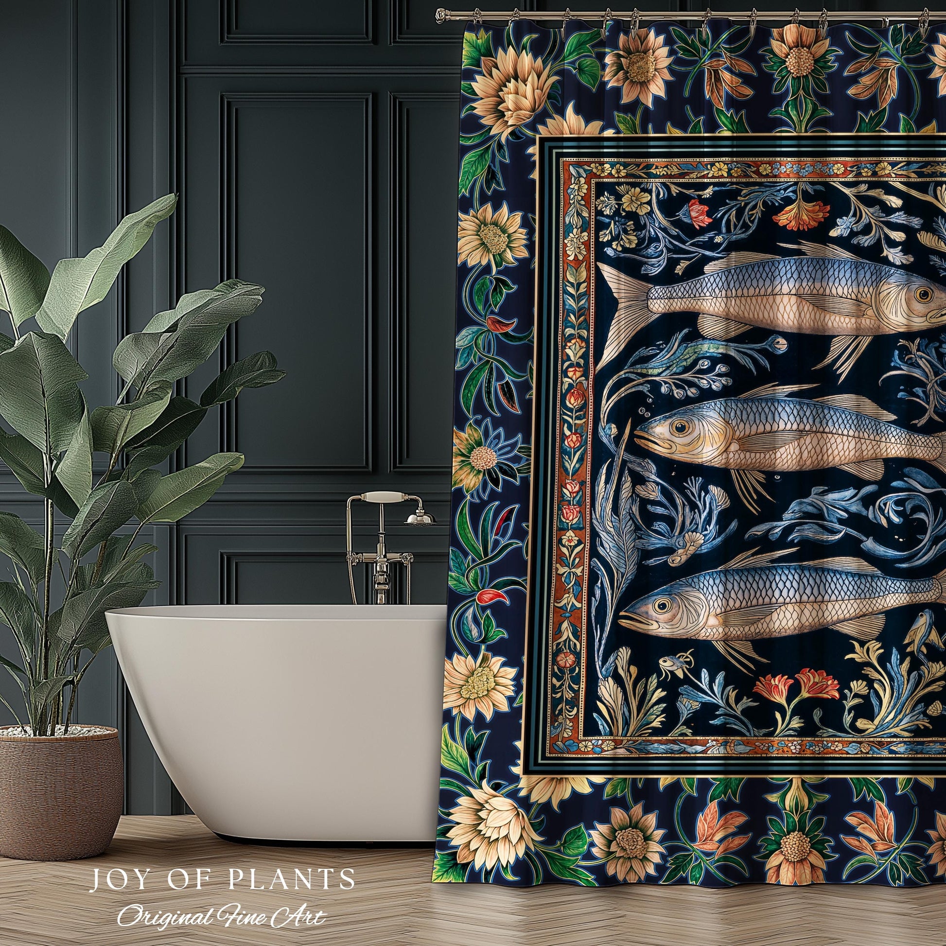 Botanical Marine Life Shower Curtain | Coastal Aesthetic Beachy Whimsical Sardine Bathroom Nautical Lake House Decor Eclectic Floral Style |