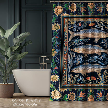 Botanical Marine Life Shower Curtain | Coastal Aesthetic Beachy Whimsical Sardine Bathroom Nautical Lake House Decor Eclectic Floral Style |