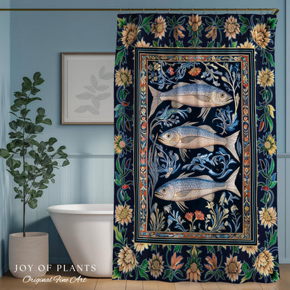 Botanical Marine Life Shower Curtain | Coastal Aesthetic Beachy Whimsical Sardine Bathroom Nautical Lake House Decor Eclectic Floral Style |