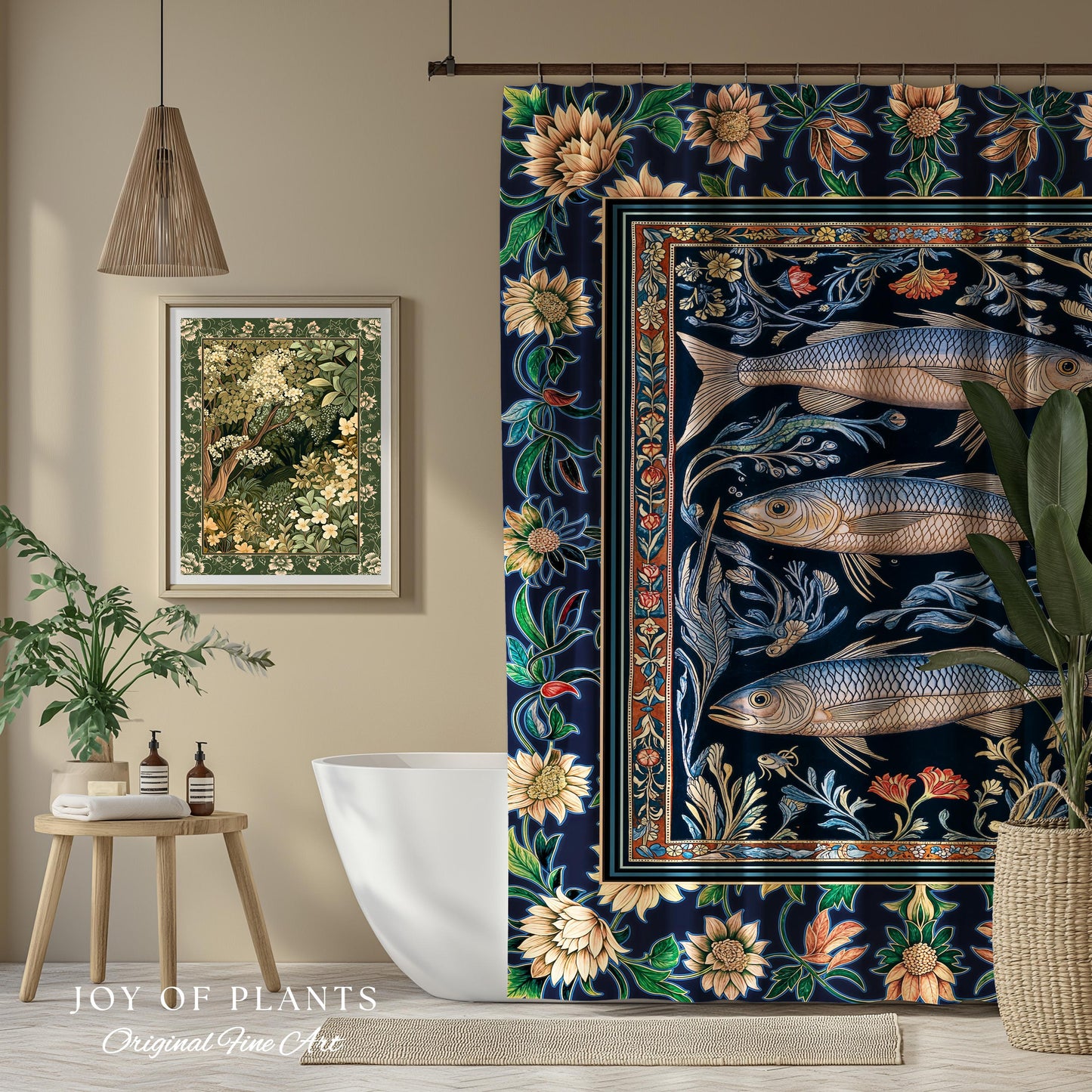 Botanical Marine Life Shower Curtain | Coastal Aesthetic Beachy Whimsical Sardine Bathroom Nautical Lake House Decor Eclectic Floral Style |