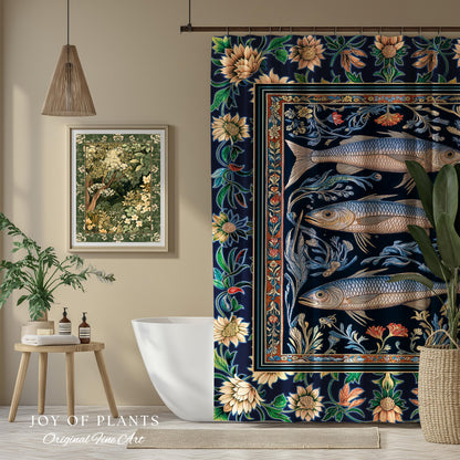 Botanical Marine Life Shower Curtain | Coastal Aesthetic Beachy Whimsical Sardine Bathroom Nautical Lake House Decor Eclectic Floral Style |