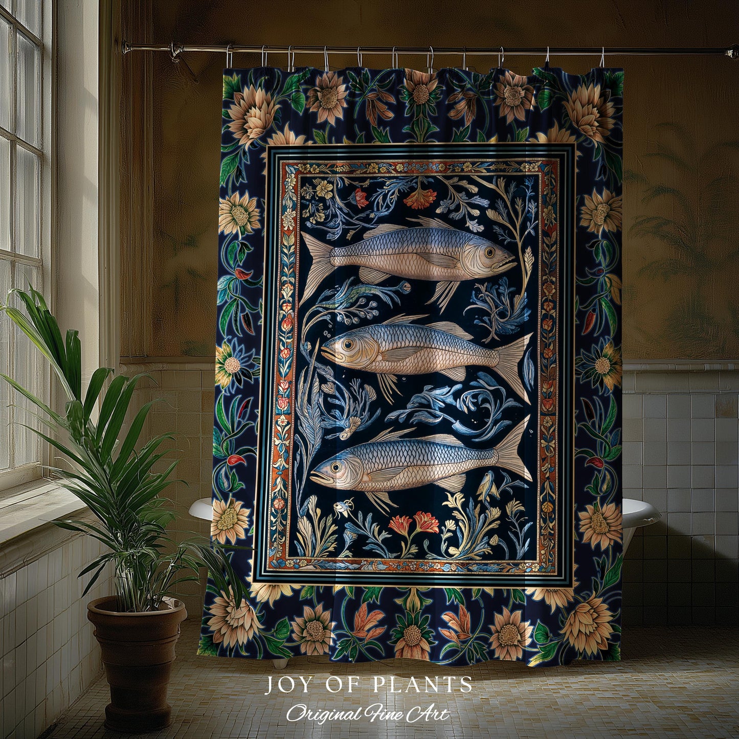 Botanical Marine Life Shower Curtain | Coastal Aesthetic Beachy Whimsical Sardine Bathroom Nautical Lake House Decor Eclectic Floral Style |