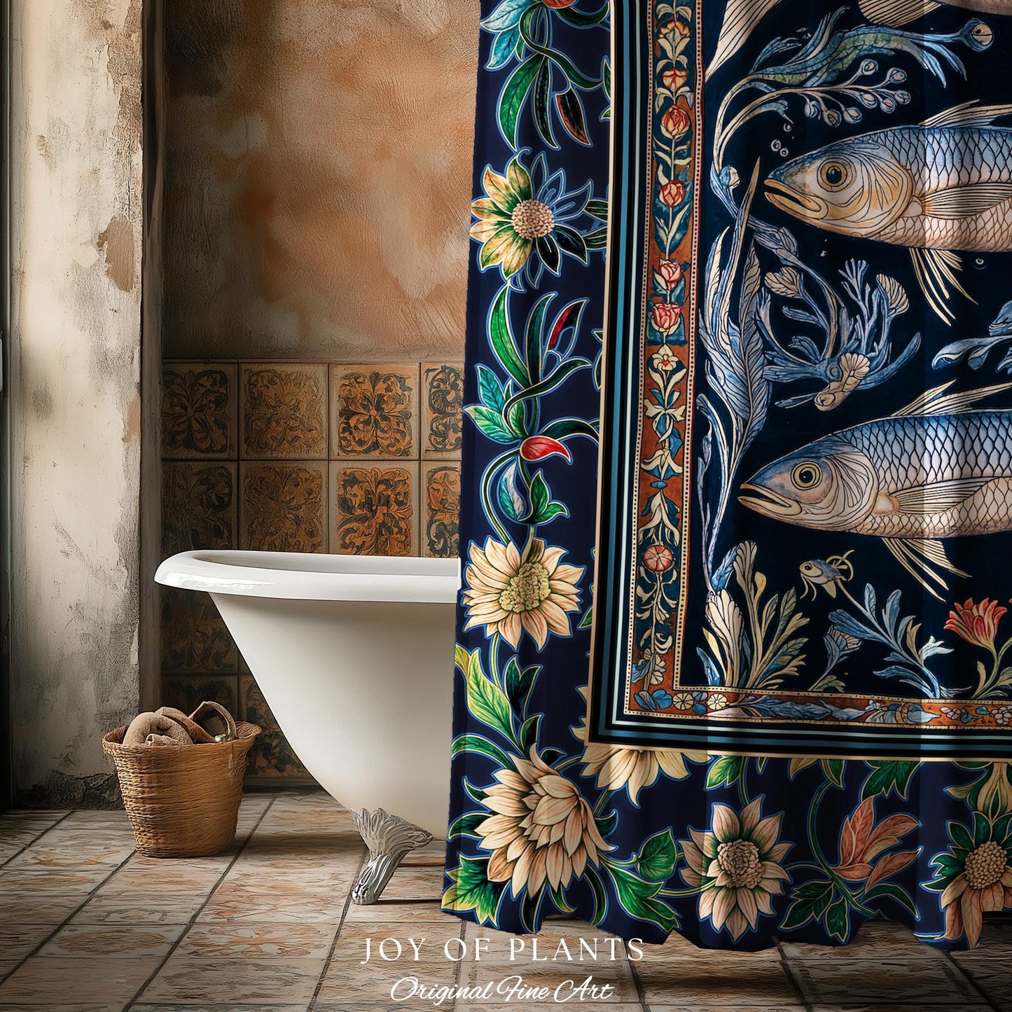 Botanical Marine Life Shower Curtain | Coastal Aesthetic Beachy Whimsical Sardine Bathroom Nautical Lake House Decor Eclectic Floral Style |