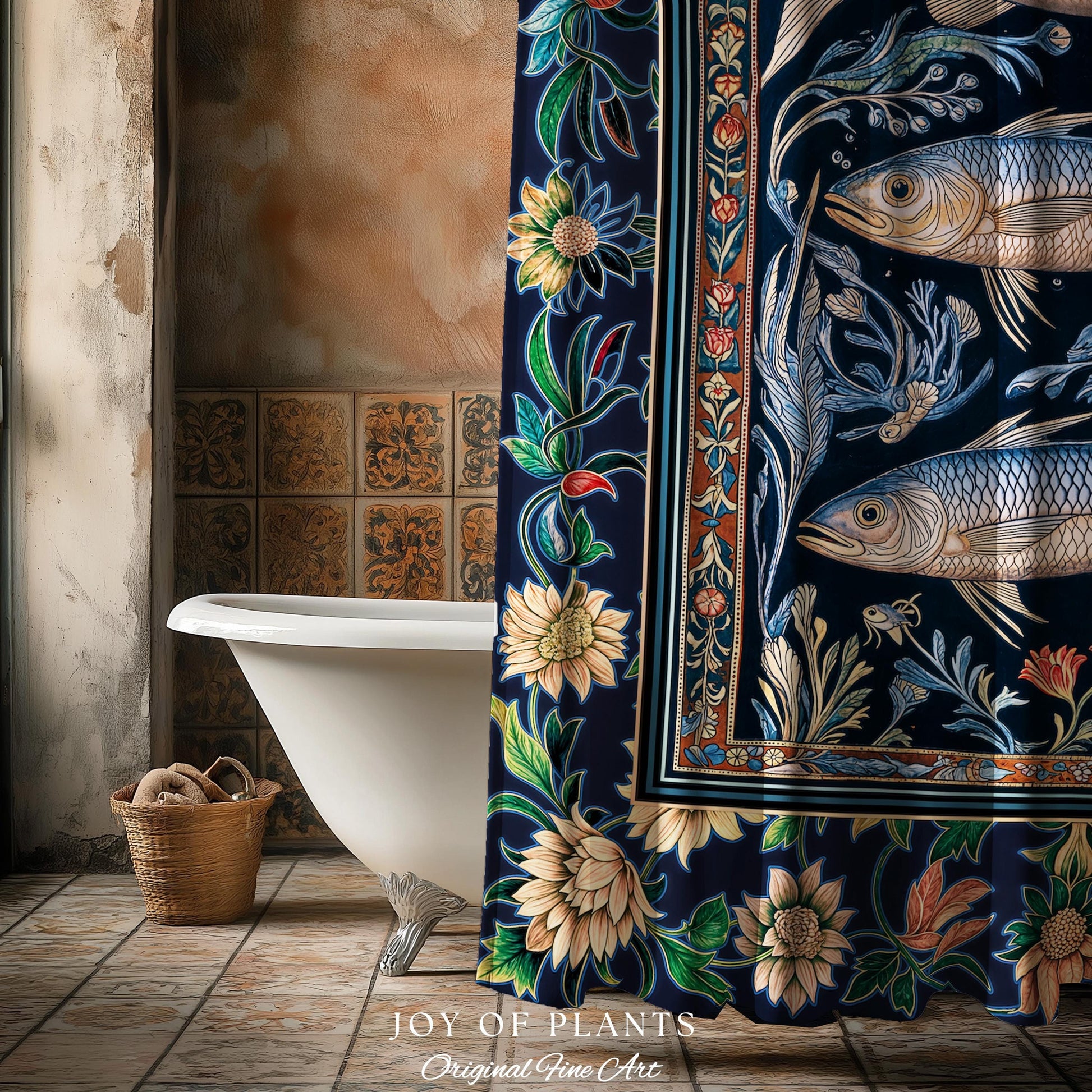 Botanical Marine Life Shower Curtain | Coastal Aesthetic Beachy Whimsical Sardine Bathroom Nautical Lake House Decor Eclectic Floral Style |