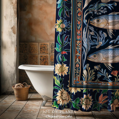 Botanical Marine Life Shower Curtain | Coastal Aesthetic Beachy Whimsical Sardine Bathroom Nautical Lake House Decor Eclectic Floral Style |