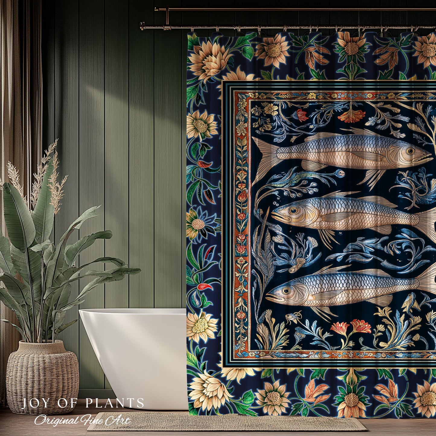 Botanical Marine Life Shower Curtain | Coastal Aesthetic Beachy Whimsical Sardine Bathroom Nautical Lake House Decor Eclectic Floral Style |
