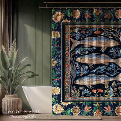 Botanical Marine Life Shower Curtain | Coastal Aesthetic Beachy Whimsical Sardine Bathroom Nautical Lake House Decor Eclectic Floral Style |