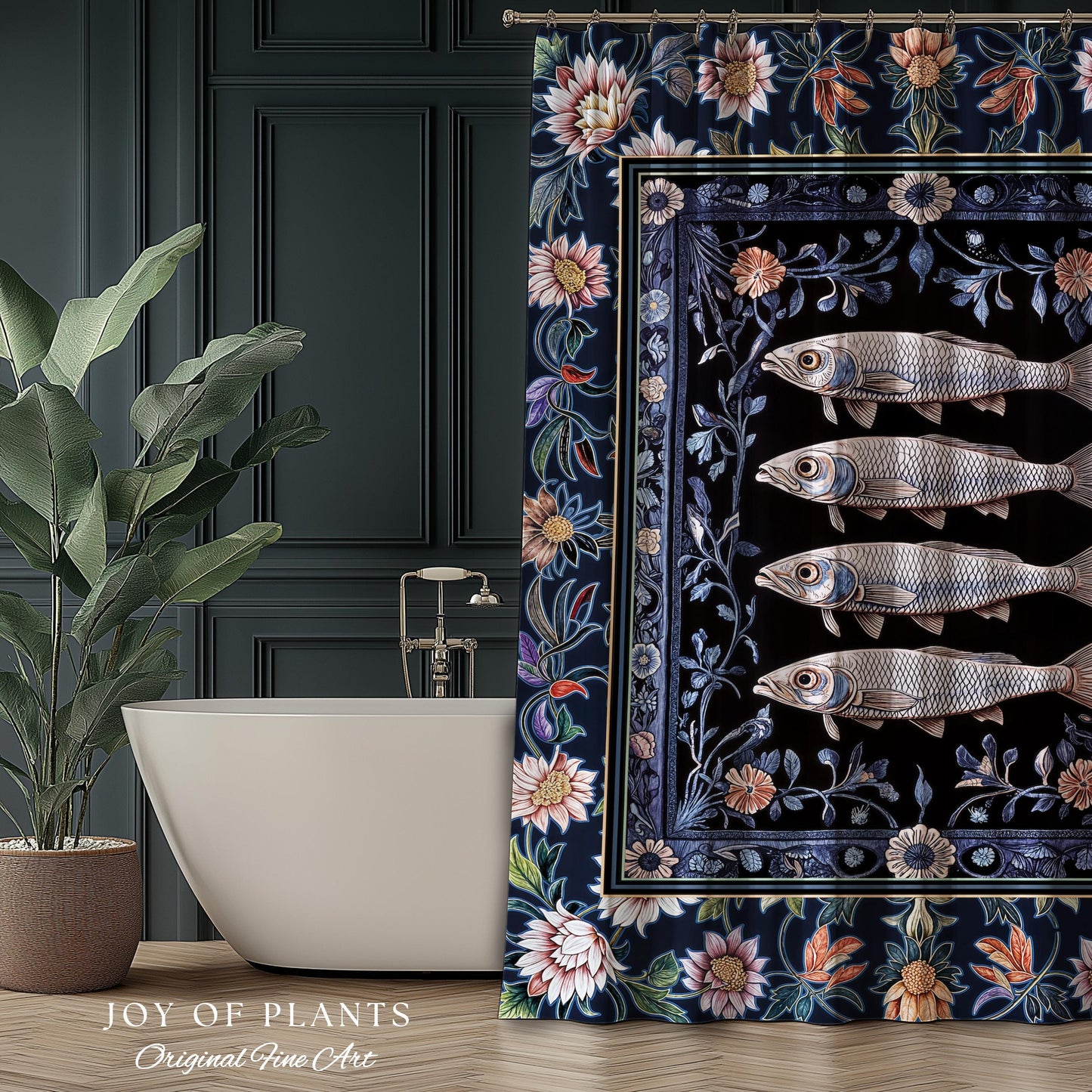Midnight Purple Sardine Shower Curtain | Ethereal Botanical Beach House Bathroom Eclectic Marine Life Nautical Coastal Aesthetic Whimsical |