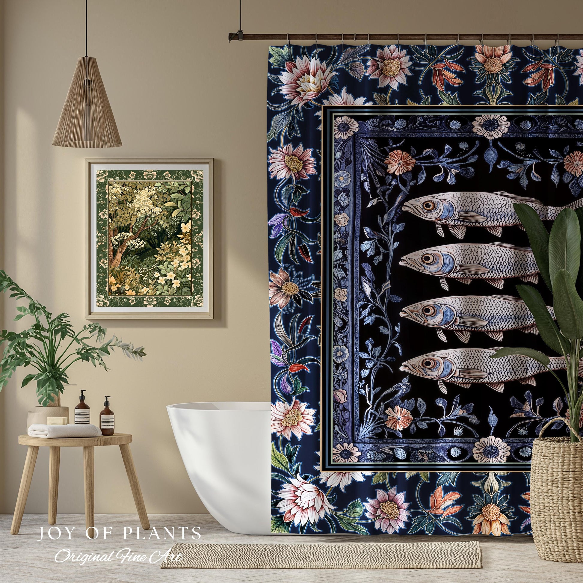 Midnight Purple Sardine Shower Curtain | Ethereal Botanical Beach House Bathroom Eclectic Marine Life Nautical Coastal Aesthetic Whimsical |
