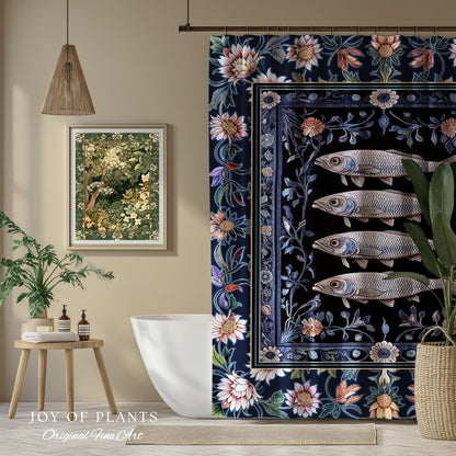 Midnight Purple Sardine Shower Curtain | Ethereal Botanical Beach House Bathroom Eclectic Marine Life Nautical Coastal Aesthetic Whimsical |
