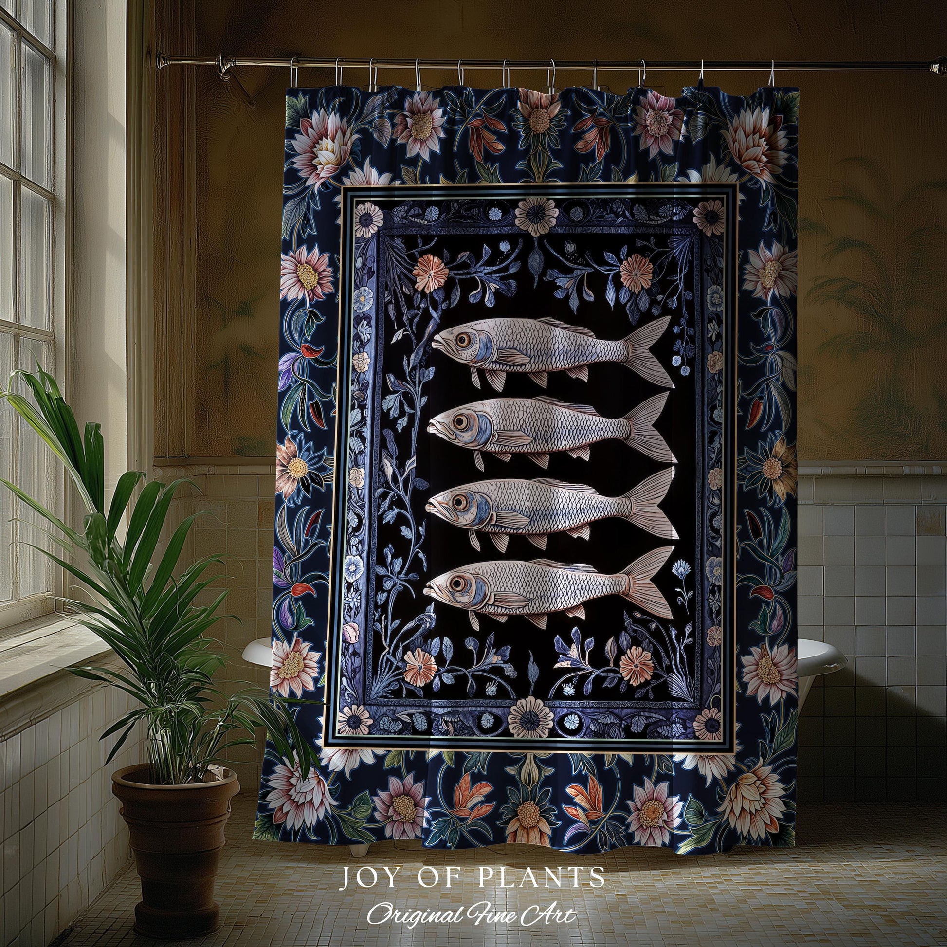 Midnight Purple Sardine Shower Curtain | Ethereal Botanical Beach House Bathroom Eclectic Marine Life Nautical Coastal Aesthetic Whimsical |