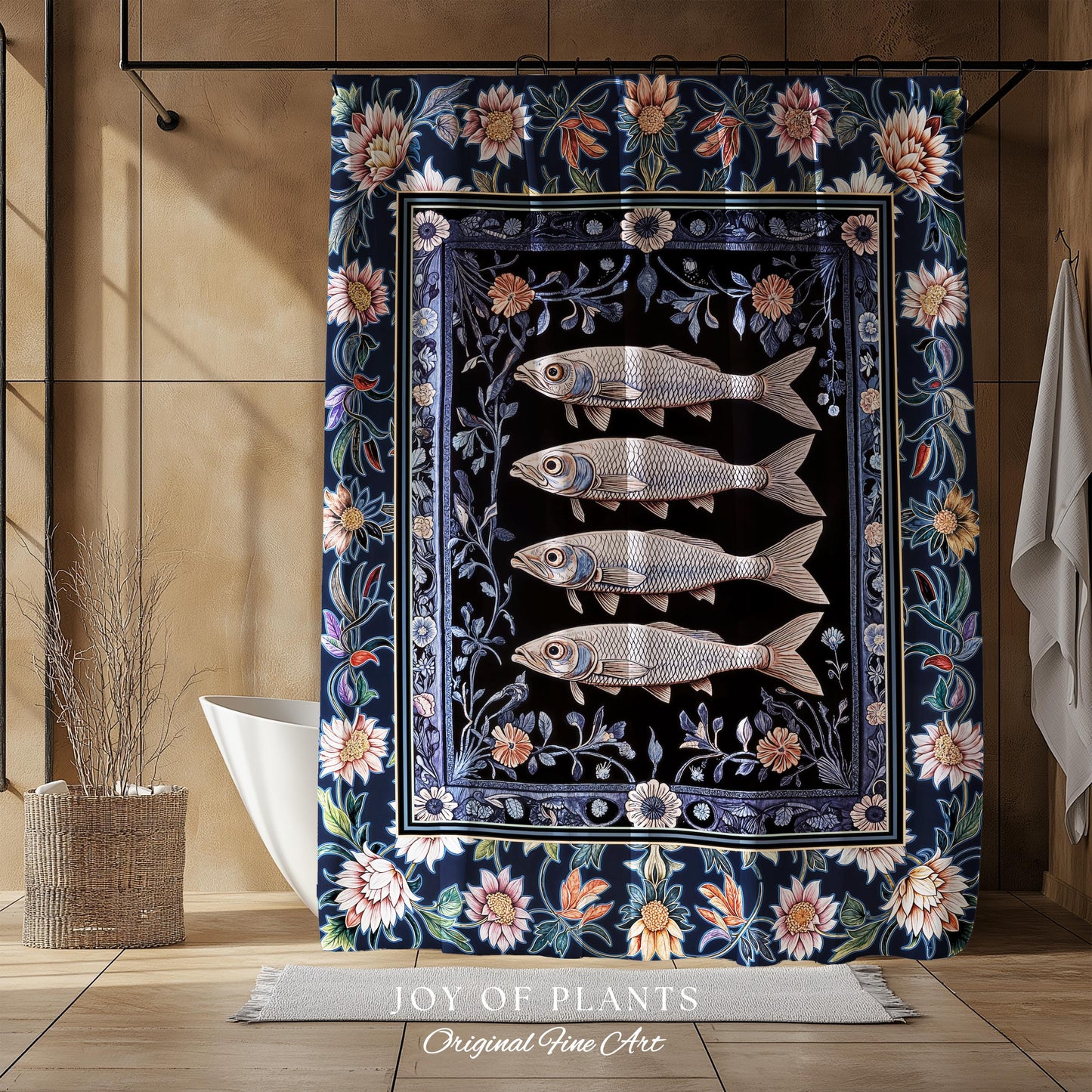 Midnight Purple Sardine Shower Curtain | Ethereal Botanical Beach House Bathroom Eclectic Marine Life Nautical Coastal Aesthetic Whimsical |