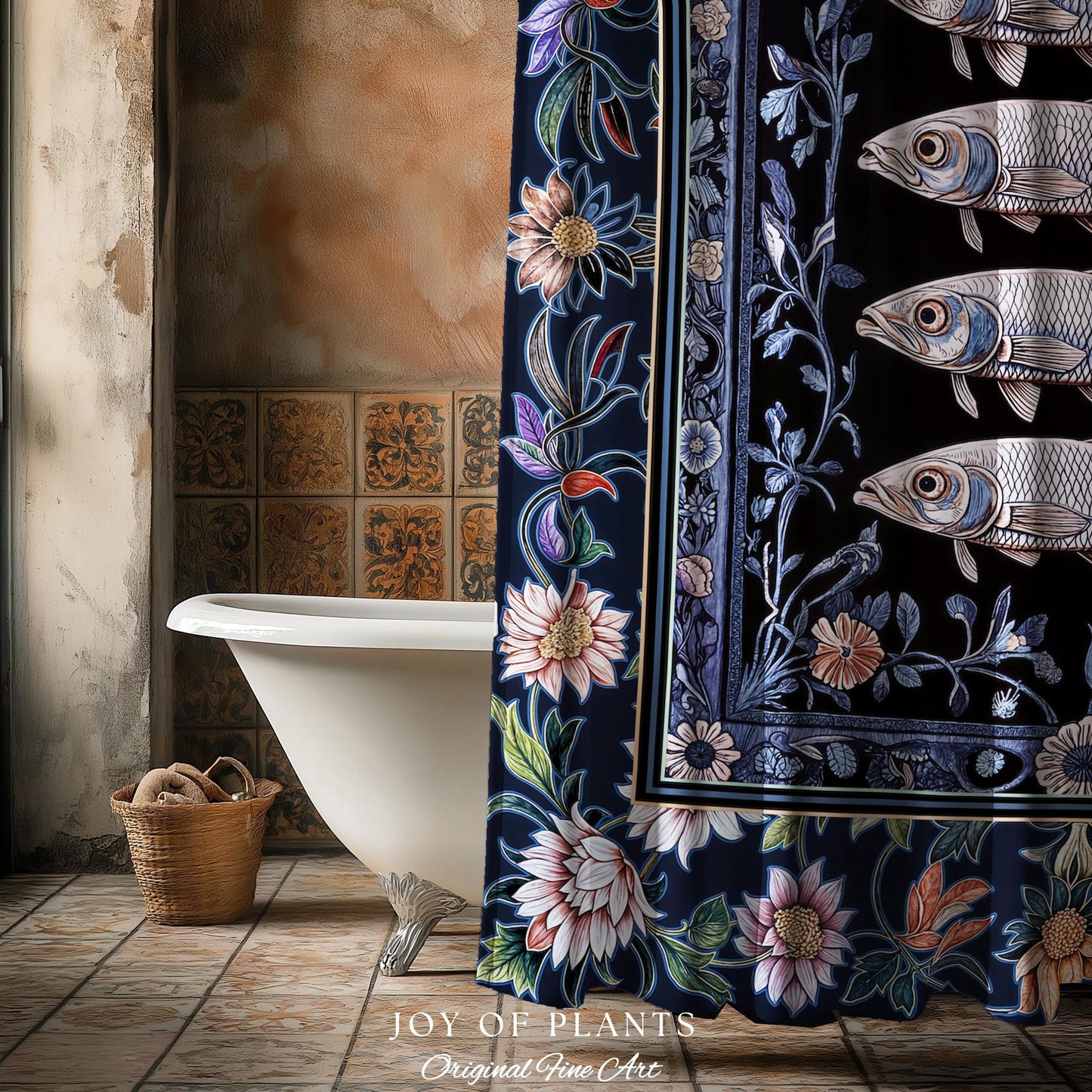 Midnight Purple Sardine Shower Curtain | Ethereal Botanical Beach House Bathroom Eclectic Marine Life Nautical Coastal Aesthetic Whimsical |