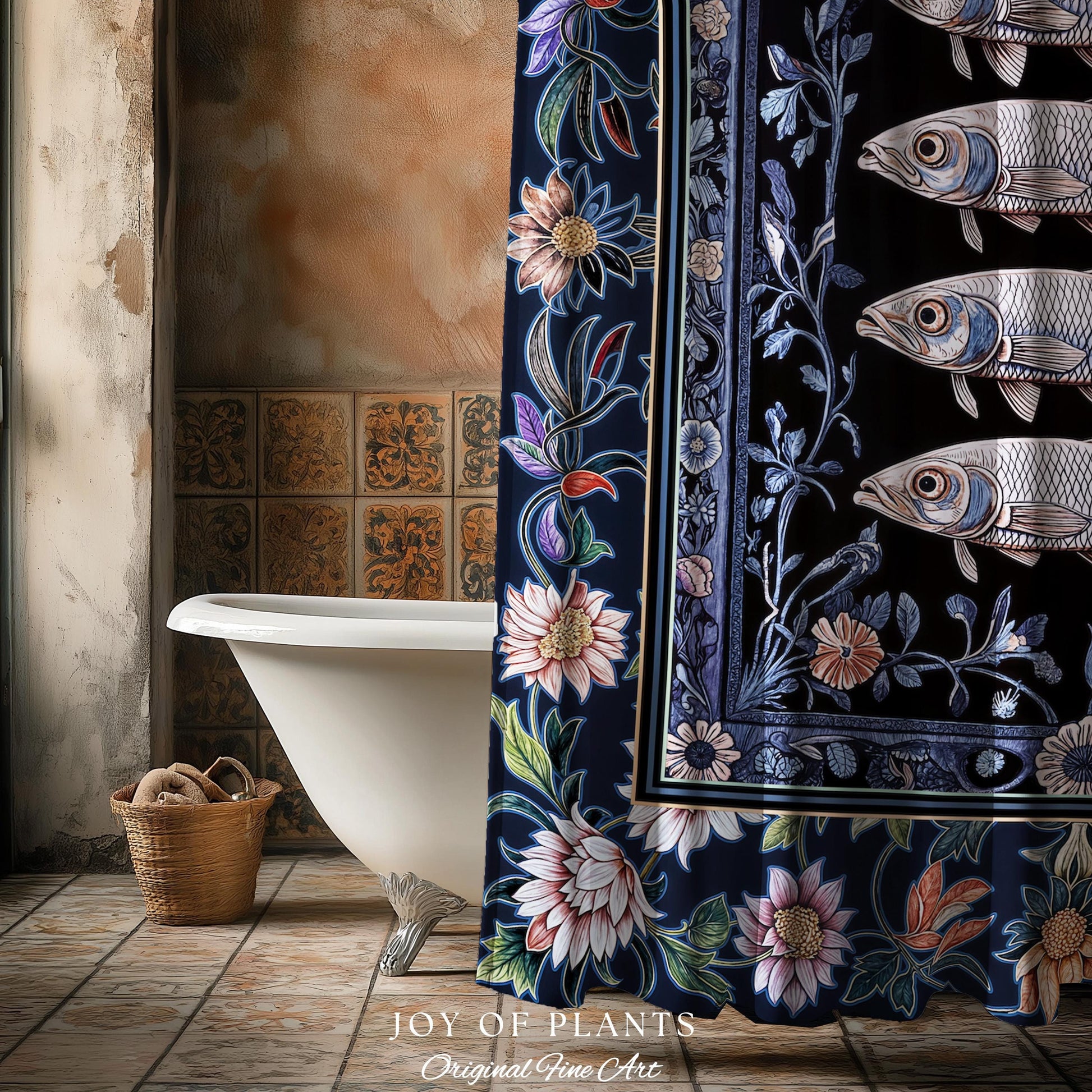 Midnight Purple Sardine Shower Curtain | Ethereal Botanical Beach House Bathroom Eclectic Marine Life Nautical Coastal Aesthetic Whimsical |