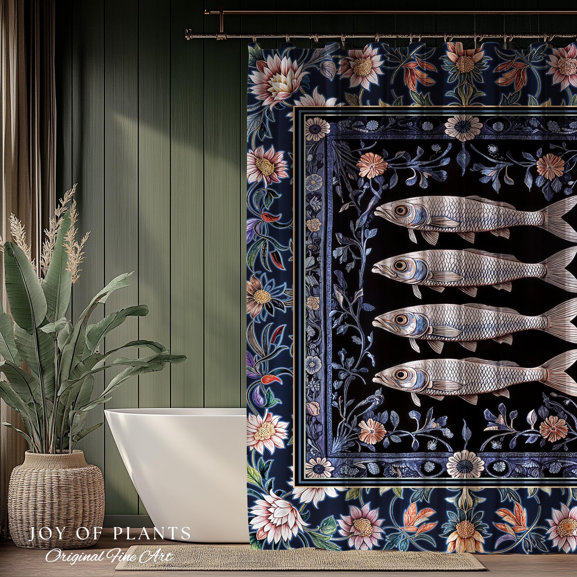 Midnight Purple Sardine Shower Curtain | Ethereal Botanical Beach House Bathroom Eclectic Marine Life Nautical Coastal Aesthetic Whimsical |
