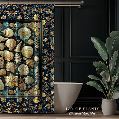 Boho Seashells Rustic Shower Curtain | Coastal Inspired Beach House Bathroom Summer Decorating Shell Wall Art Mermaidcore Nautical Artwork