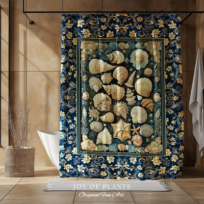 Boho Seashells Rustic Shower Curtain | Coastal Inspired Beach House Bathroom Summer Decorating Shell Wall Art Mermaidcore Nautical Artwork