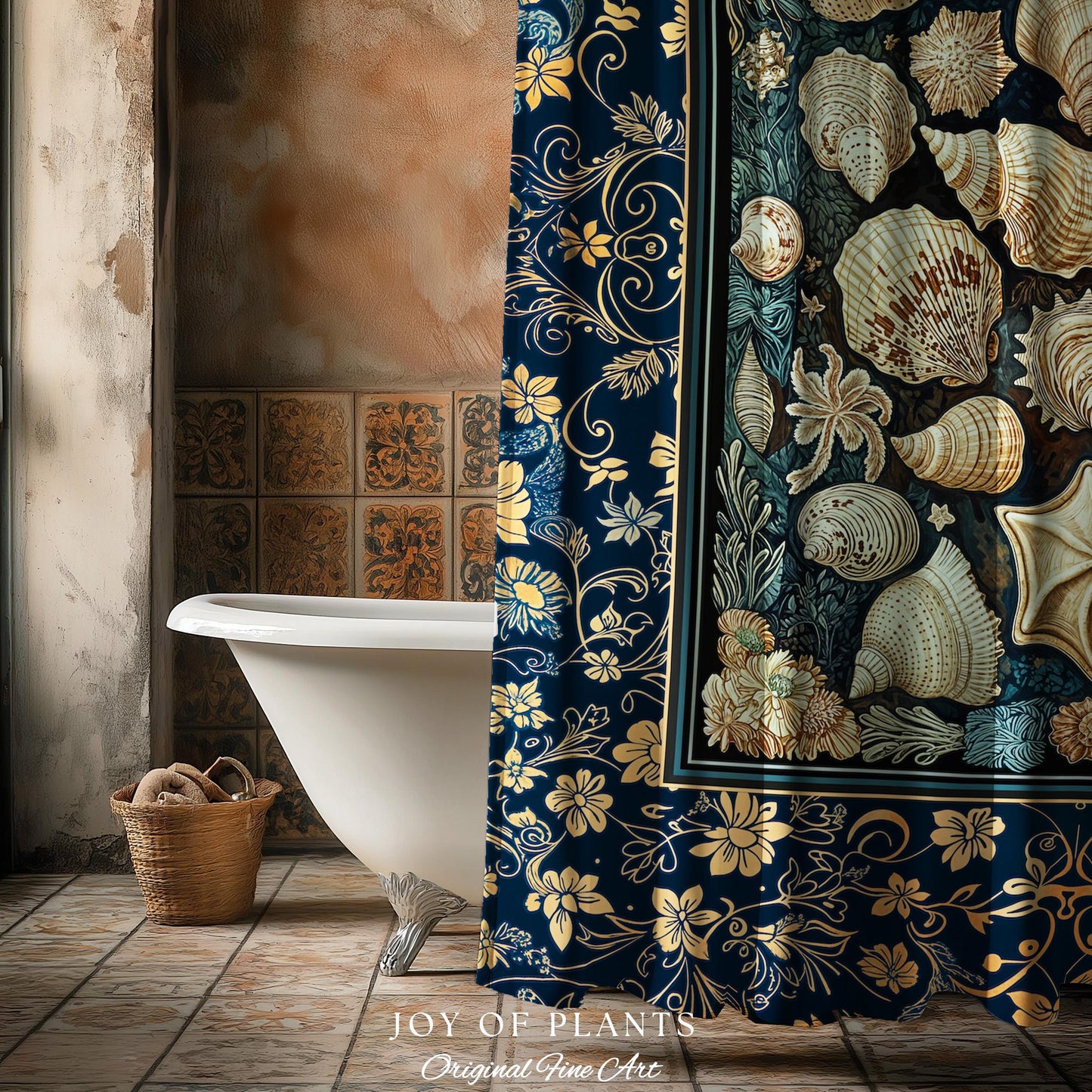 Boho Seashells Rustic Shower Curtain | Coastal Inspired Beach House Bathroom Summer Decorating Shell Wall Art Mermaidcore Nautical Artwork