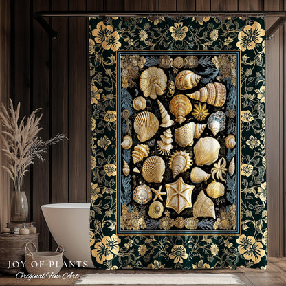 Cozy Beach House Seashell Bathroom | Vintage Coastal Aesthetic Beachy Rustic Shower Curtain Crustacean Inspired Lake House Summer Decor |