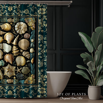 Maximalist Seashell Nautical Shower Curtain | Mermaidcore Coastal Bathroom Crustacean Inspired Beach House Summer Marine Bath Accessory |