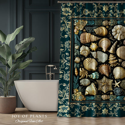 Maximalist Seashell Nautical Shower Curtain | Mermaidcore Coastal Bathroom Crustacean Inspired Beach House Summer Marine Bath Accessory |