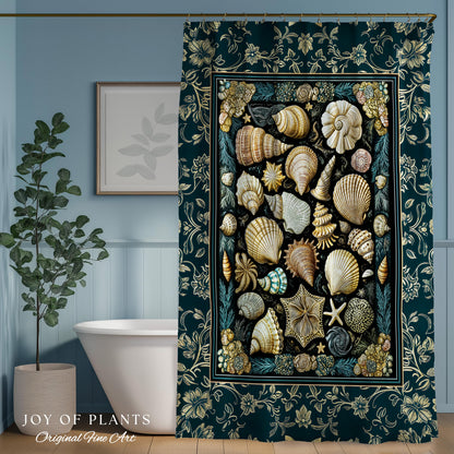 Maximalist Seashell Nautical Shower Curtain | Mermaidcore Coastal Bathroom Crustacean Inspired Beach House Summer Marine Bath Accessory |