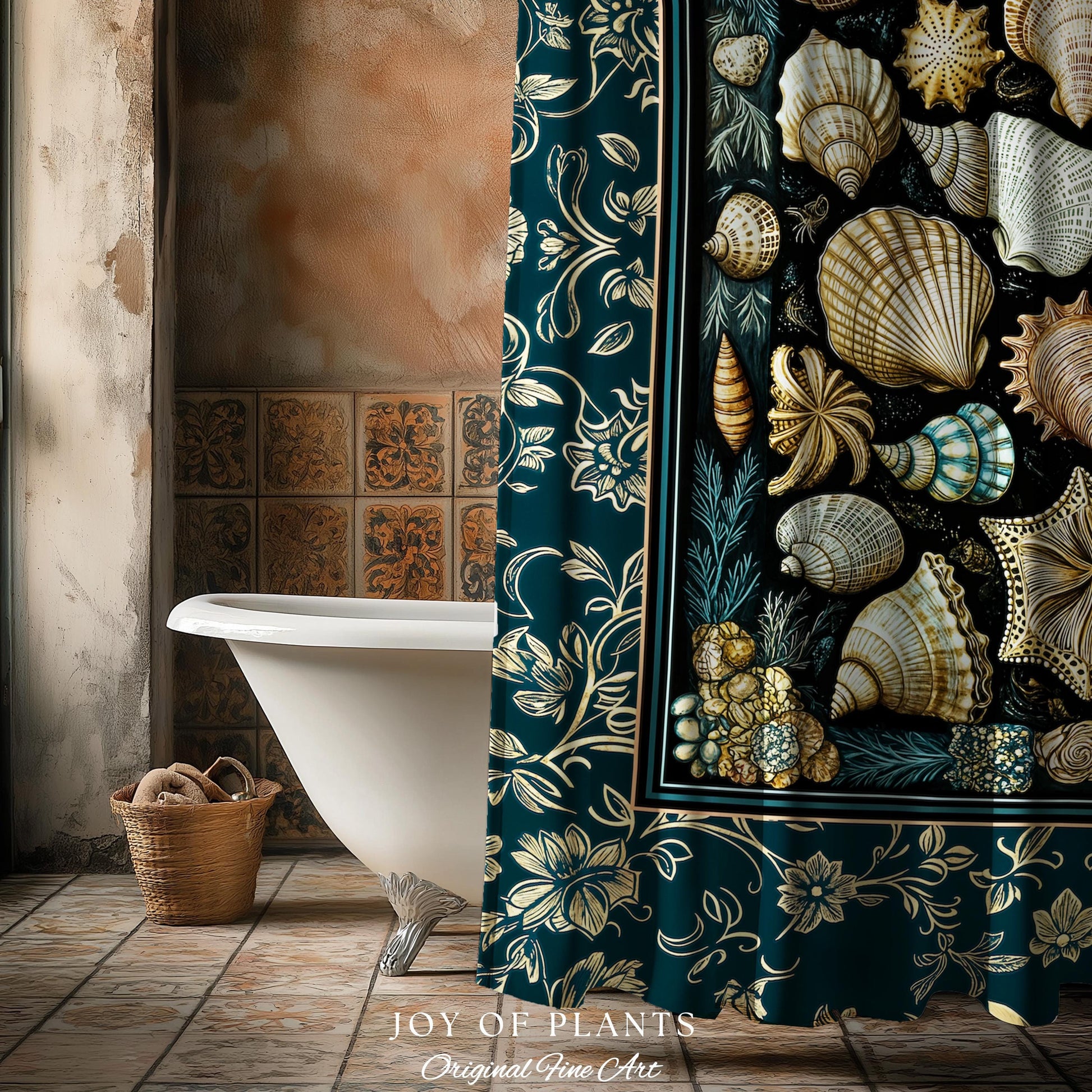 Maximalist Seashell Nautical Shower Curtain | Mermaidcore Coastal Bathroom Crustacean Inspired Beach House Summer Marine Bath Accessory |