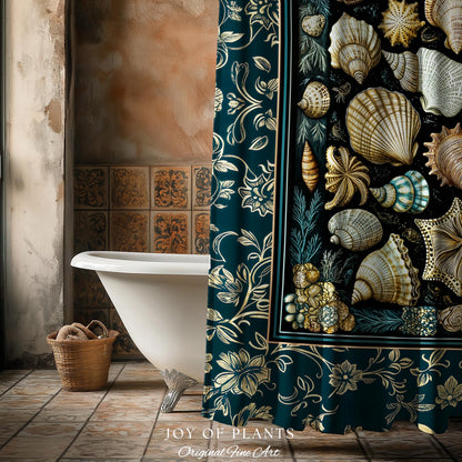 Maximalist Seashell Nautical Shower Curtain | Mermaidcore Coastal Bathroom Crustacean Inspired Beach House Summer Marine Bath Accessory |