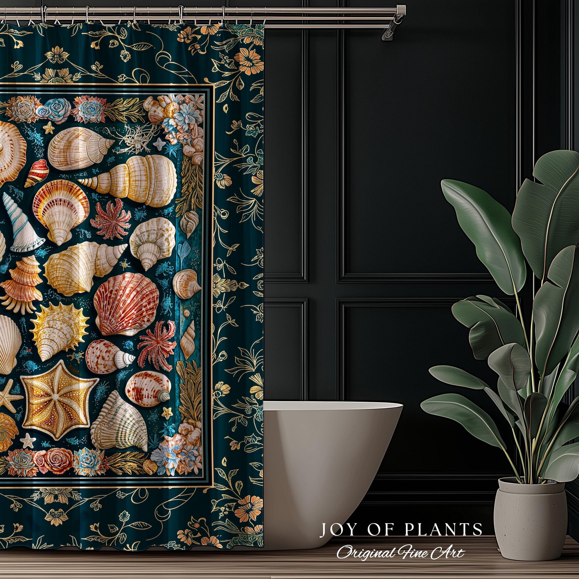 Eclectic Shell Collage Cozy Bathroom Decor | Summer Beach House Nautical Shower Curtain Maximalist Aesthetic Mermaidcore Coastal Marine Life