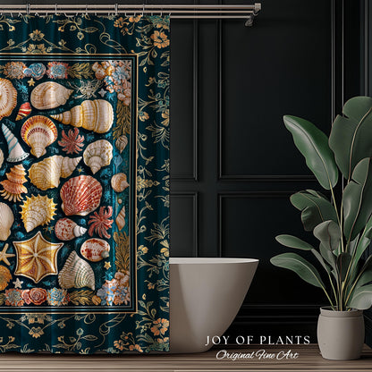 Eclectic Shell Collage Cozy Bathroom Decor | Summer Beach House Nautical Shower Curtain Maximalist Aesthetic Mermaidcore Coastal Marine Life