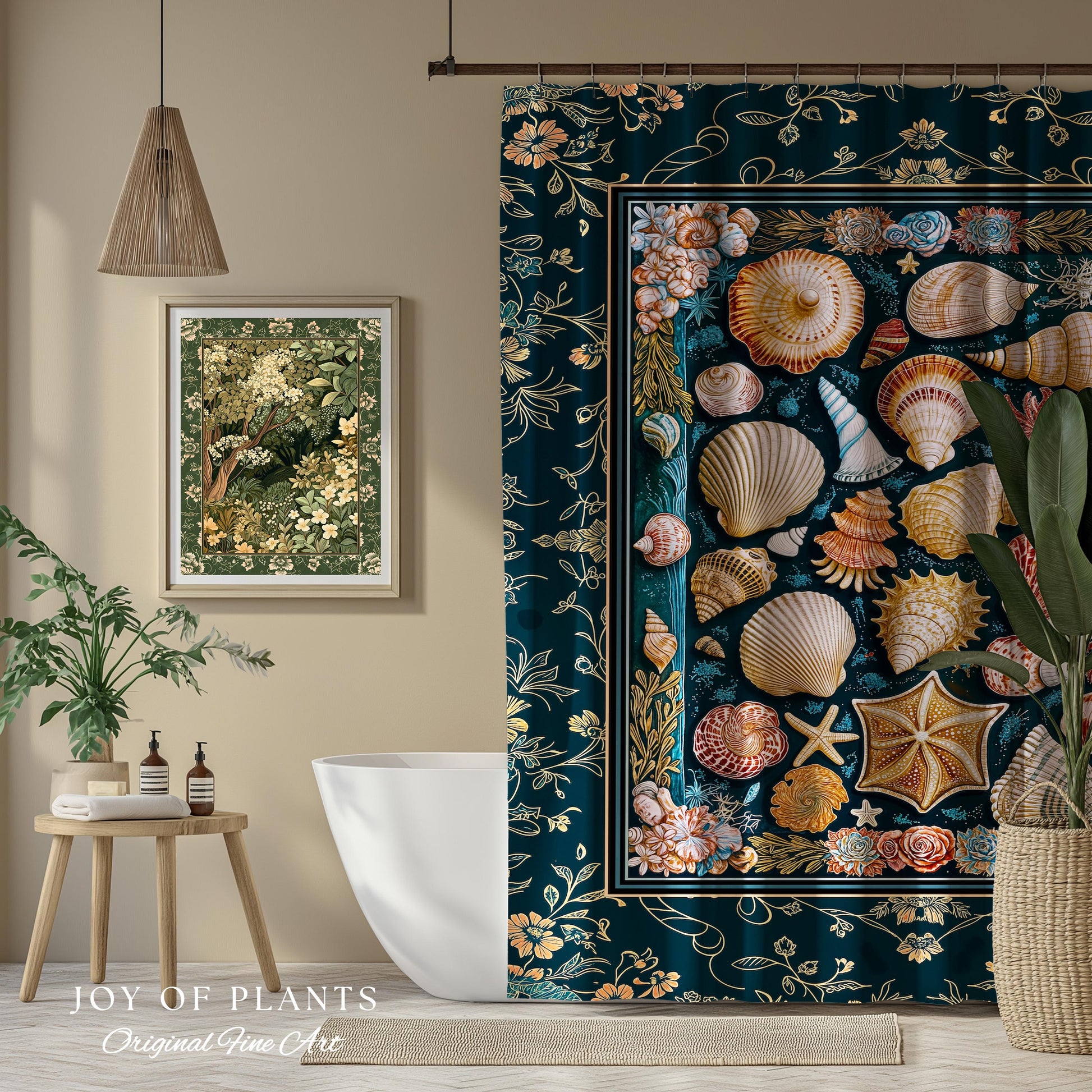Eclectic Shell Collage Cozy Bathroom Decor | Summer Beach House Nautical Shower Curtain Maximalist Aesthetic Mermaidcore Coastal Marine Life
