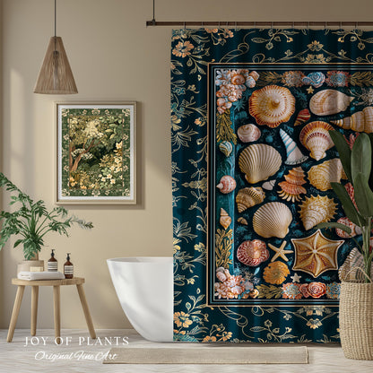 Eclectic Shell Collage Cozy Bathroom Decor | Summer Beach House Nautical Shower Curtain Maximalist Aesthetic Mermaidcore Coastal Marine Life