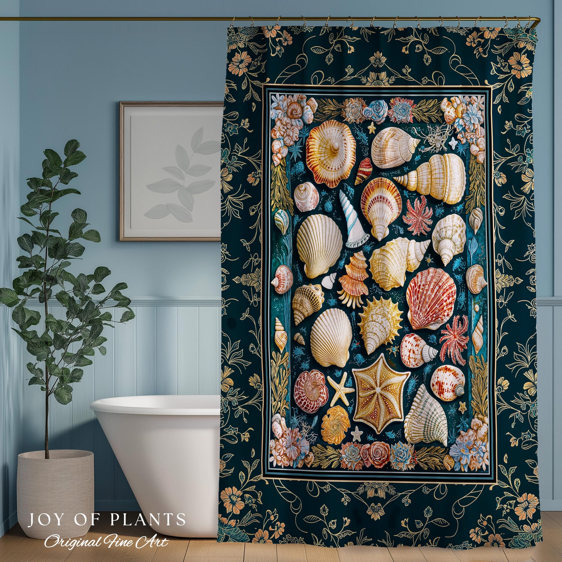 Eclectic Shell Collage Cozy Bathroom Decor | Summer Beach House Nautical Shower Curtain Maximalist Aesthetic Mermaidcore Coastal Marine Life