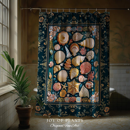 Eclectic Shell Collage Cozy Bathroom Decor | Summer Beach House Nautical Shower Curtain Maximalist Aesthetic Mermaidcore Coastal Marine Life