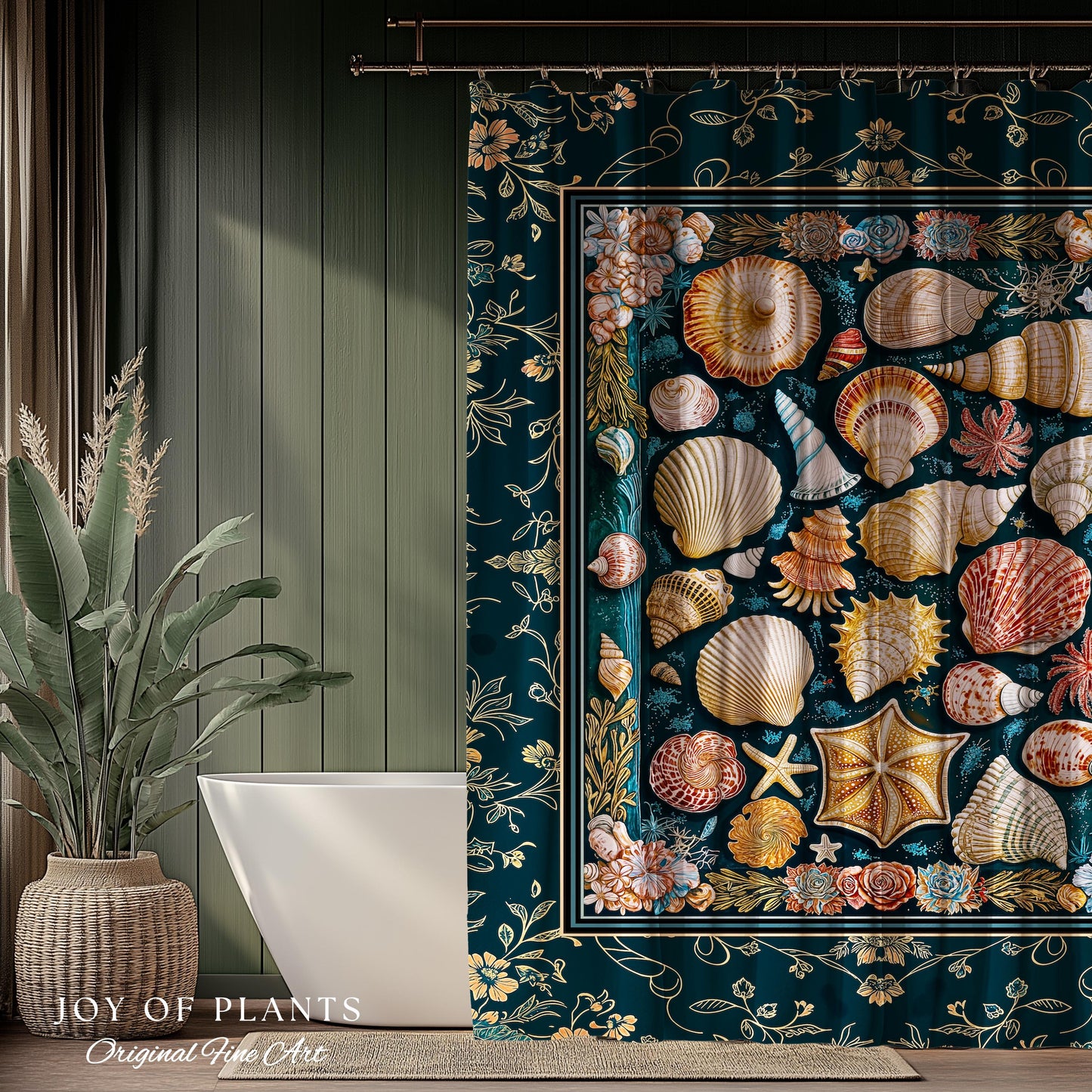 Eclectic Shell Collage Cozy Bathroom Decor | Summer Beach House Nautical Shower Curtain Maximalist Aesthetic Mermaidcore Coastal Marine Life
