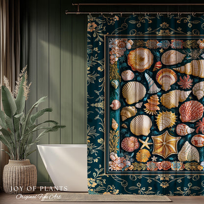 Eclectic Shell Collage Cozy Bathroom Decor | Summer Beach House Nautical Shower Curtain Maximalist Aesthetic Mermaidcore Coastal Marine Life