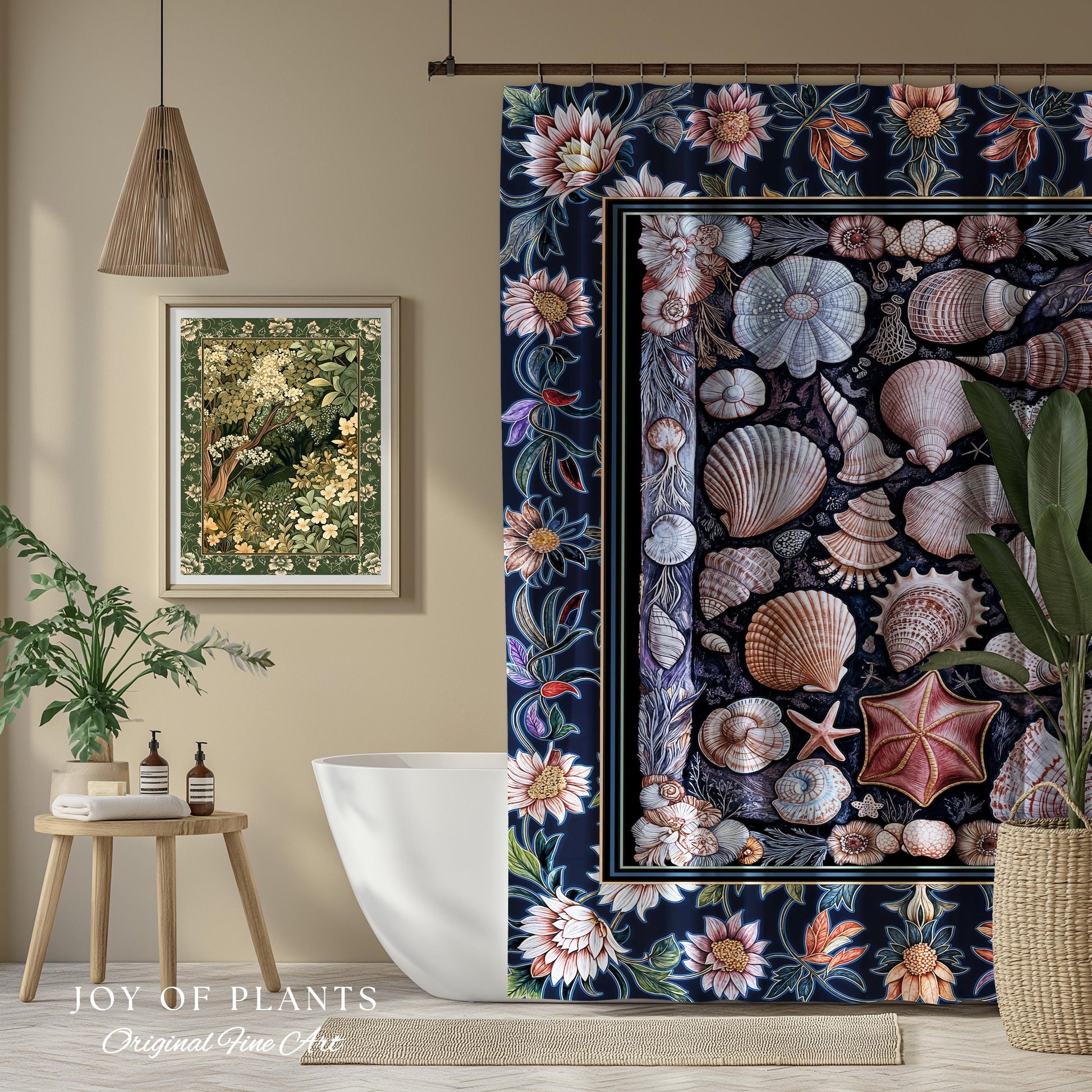 Coastal Pastel Seashell Shower Curtain | Vintage Ocean Inspired Beach Accent Marine Life Bathroom Summer Aesthetic Mermaid Decor Beachy Art