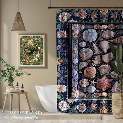 Coastal Pastel Seashell Shower Curtain | Vintage Ocean Inspired Beach Accent Marine Life Bathroom Summer Aesthetic Mermaid Decor Beachy Art