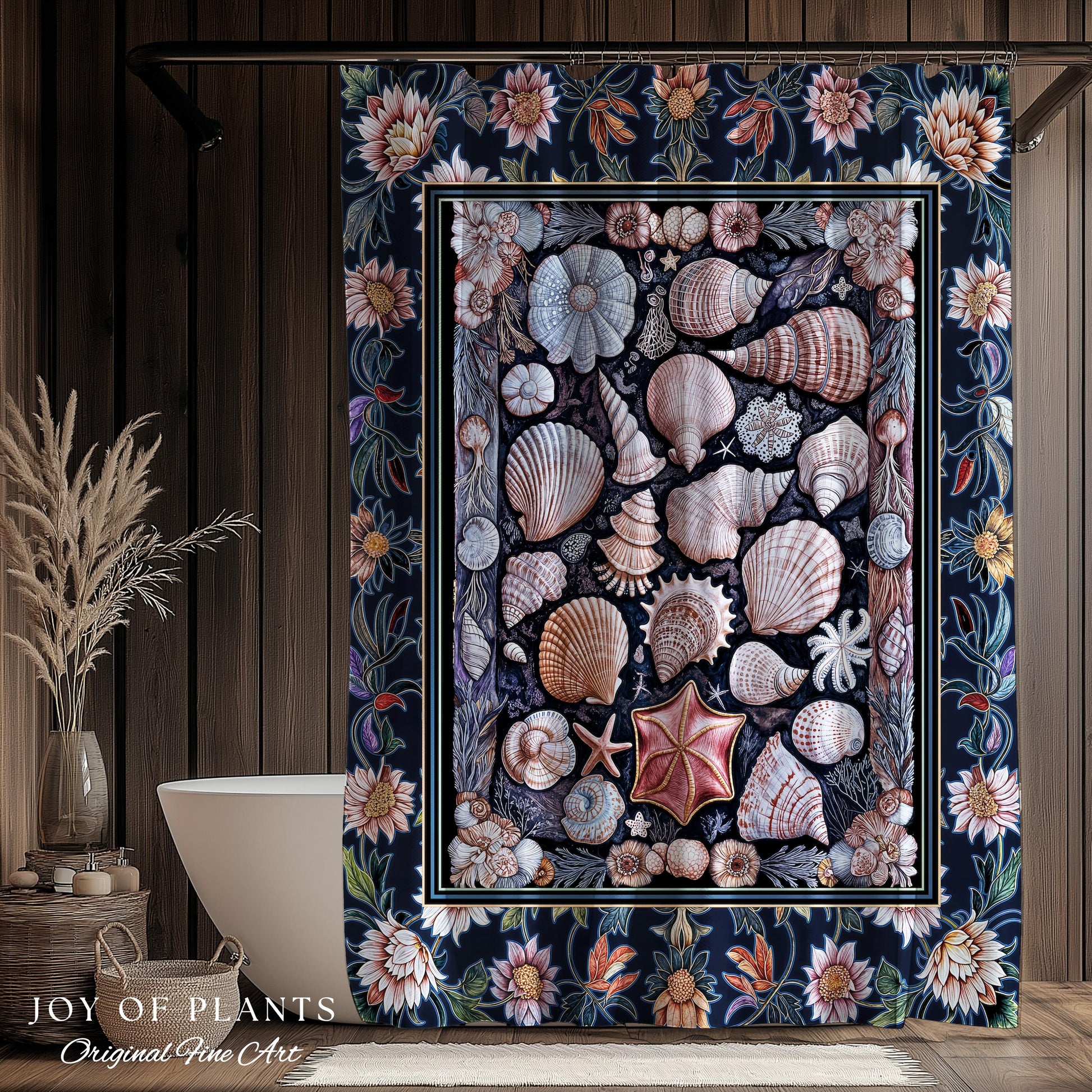Coastal Pastel Seashell Shower Curtain | Vintage Ocean Inspired Beach Accent Marine Life Bathroom Summer Aesthetic Mermaid Decor Beachy Art
