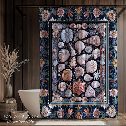 Coastal Pastel Seashell Shower Curtain | Vintage Ocean Inspired Beach Accent Marine Life Bathroom Summer Aesthetic Mermaid Decor Beachy Art
