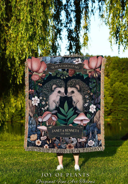 Dark Cottagecore Hedgehog Couple Blanket | Woodland Whimsy Custom Anniversary Tapestry Woven Personalized Name Hedge Hog Gift for Girlfriend