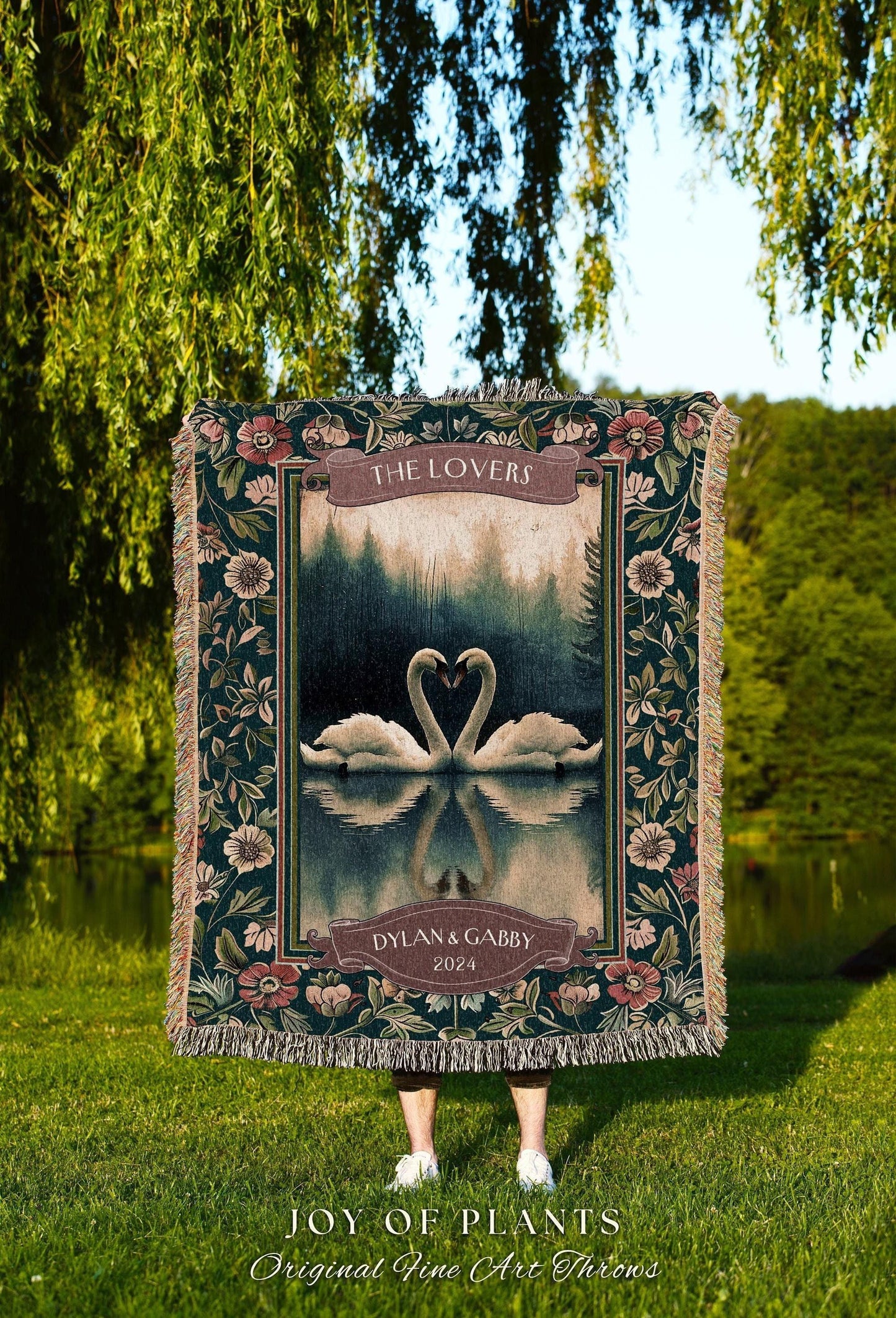 The Lovers Swan Couple Tapestry Blanket Personalized Wedding Gift | Misty Forest Lake Romance Whimsy Custom Anniversary Heirloom Woven Throw