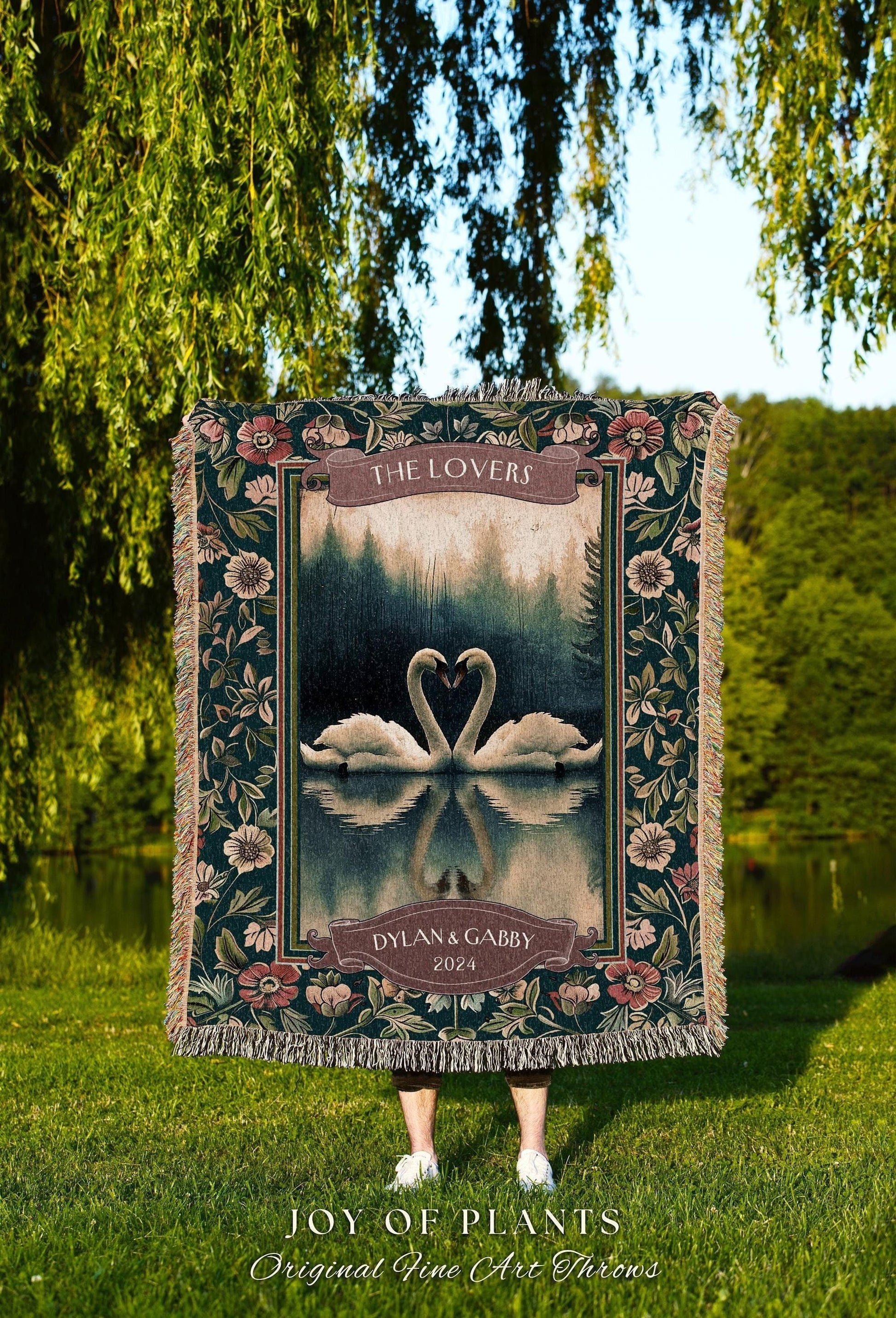 The Lovers Swan Couple Tapestry Blanket Personalized Wedding Gift | Misty Forest Lake Romance Whimsy Custom Anniversary Heirloom Woven Throw