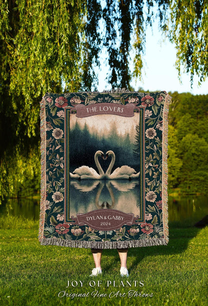 The Lovers Swan Couple Tapestry Blanket Personalized Wedding Gift | Misty Forest Lake Romance Whimsy Custom Anniversary Heirloom Woven Throw