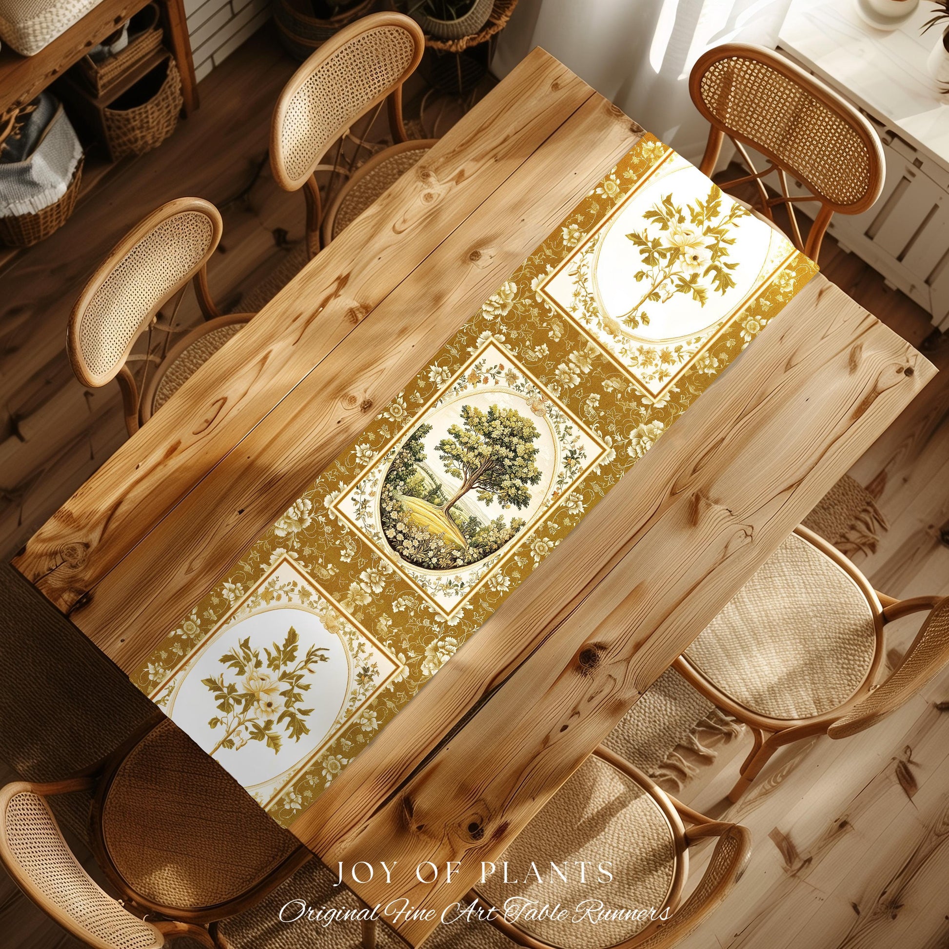 French Countryside Botanical Tree Table Runner | Victorian Garden Romantic Country Decor Floral Pastoral Scene Antique Cottage Aesthetic |
