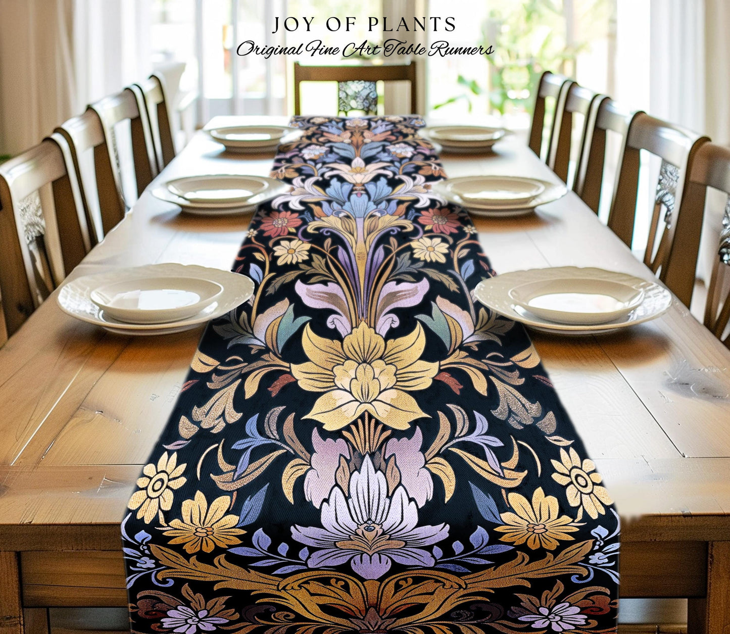 Bohemian Botanical Art Nouveau Floral Table Runner Enchanted Forest Flower Motifs, Whimsical Cottagecore Charm Fairycore Inspired Folk Art