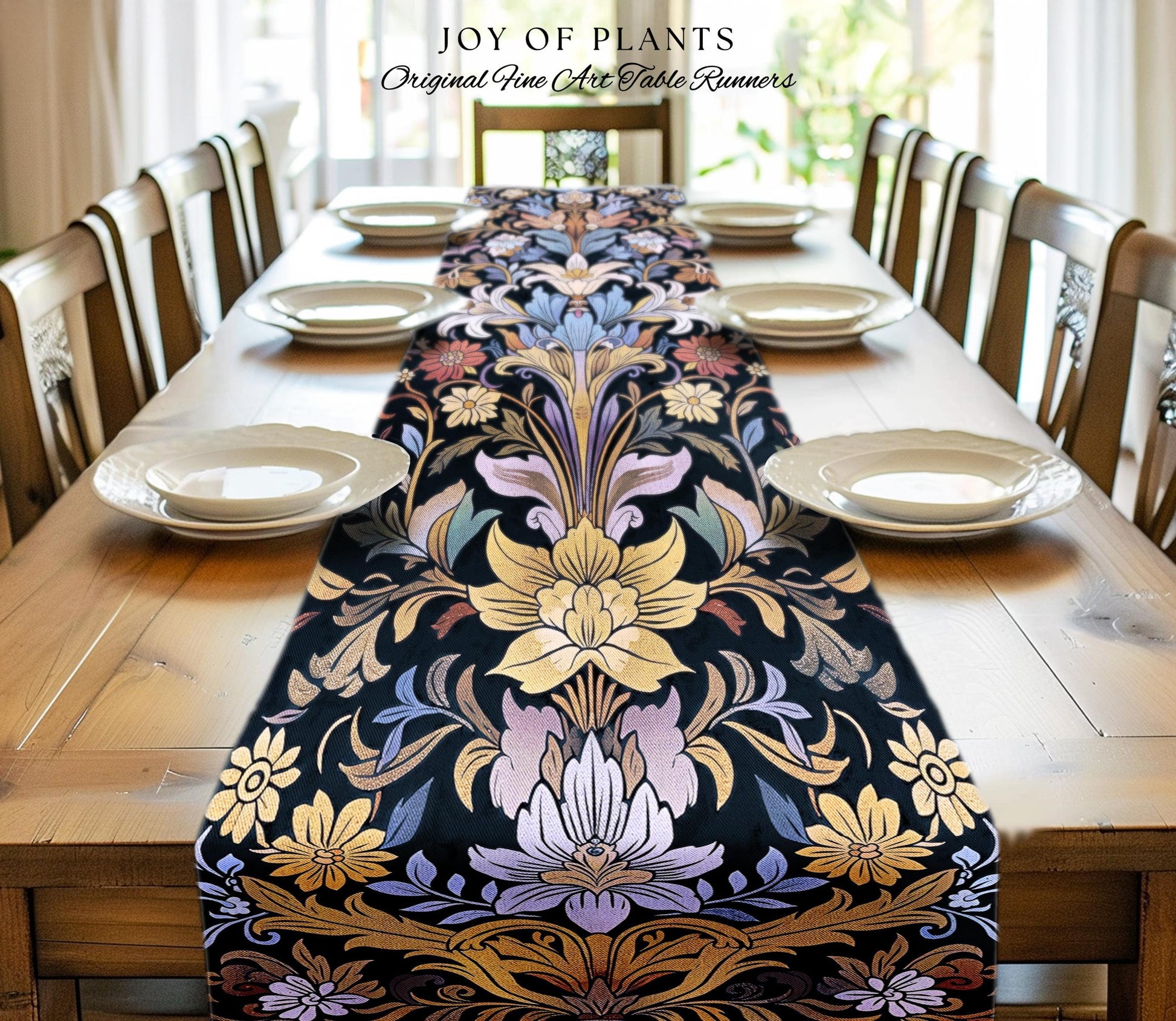 Bohemian Botanical Art Nouveau Floral Table Runner Enchanted Forest Flower Motifs, Whimsical Cottagecore Charm Fairycore Inspired Folk Art