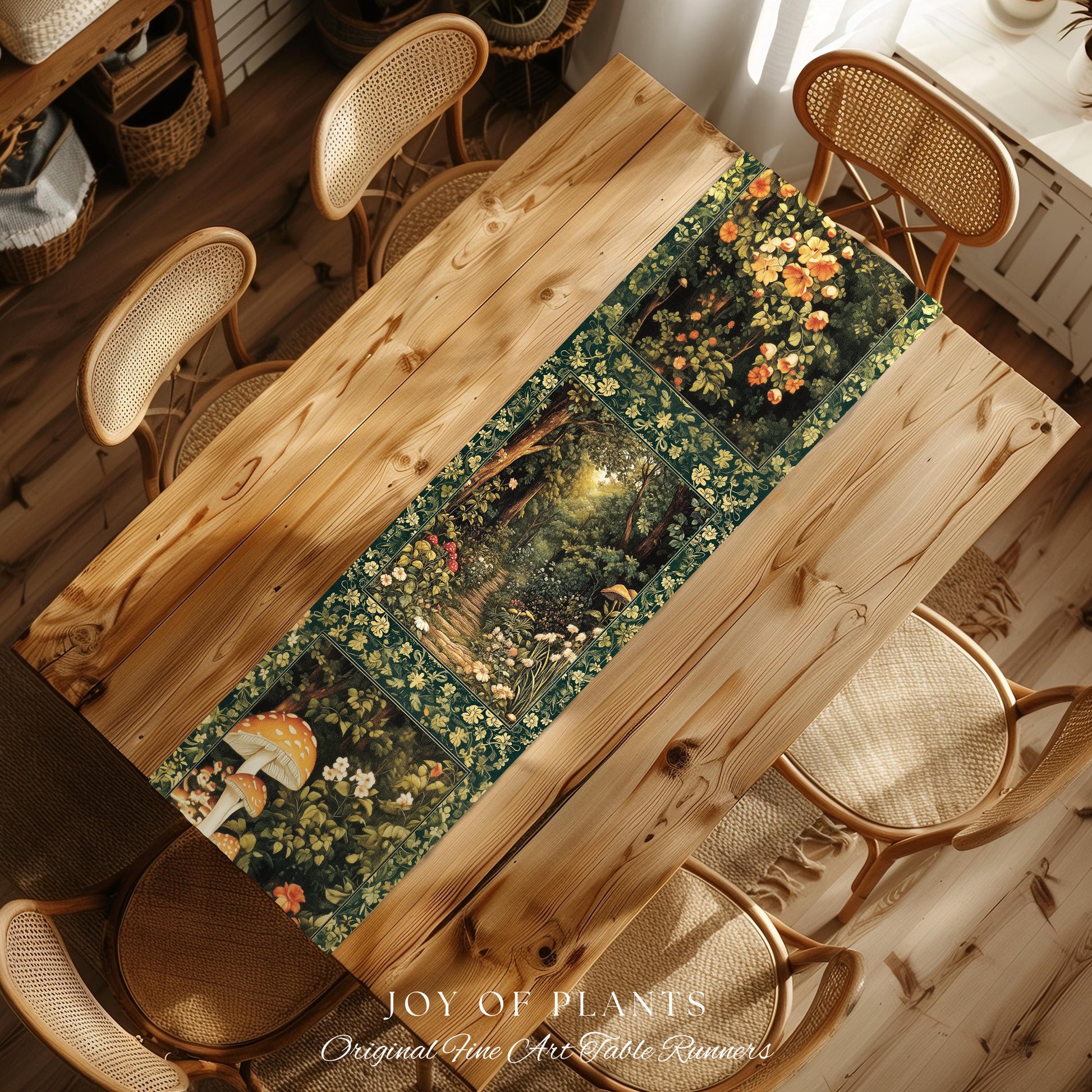 Botanical Woodland Table Runner Fairycore | Woodland Mushroom Aesthetic Nature Lover Dining Room Decor Ethereal Emerald Green Decor Fairy