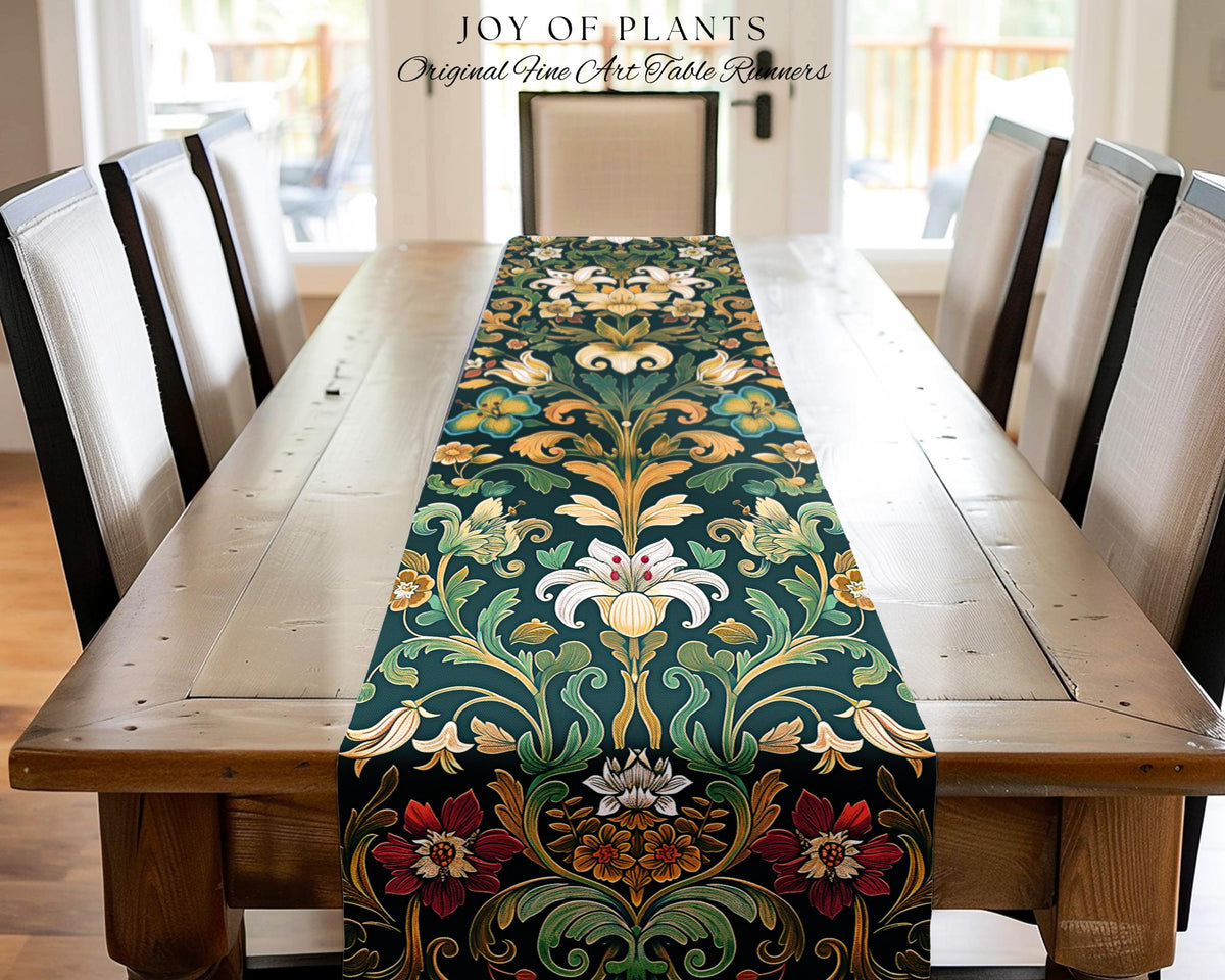 Rustic Farmhouse Floral Table Runner Country Cottage Charm | Soft Cottagecore Botanical Elegance Boho Flower Pattern Morris Style Home Decor