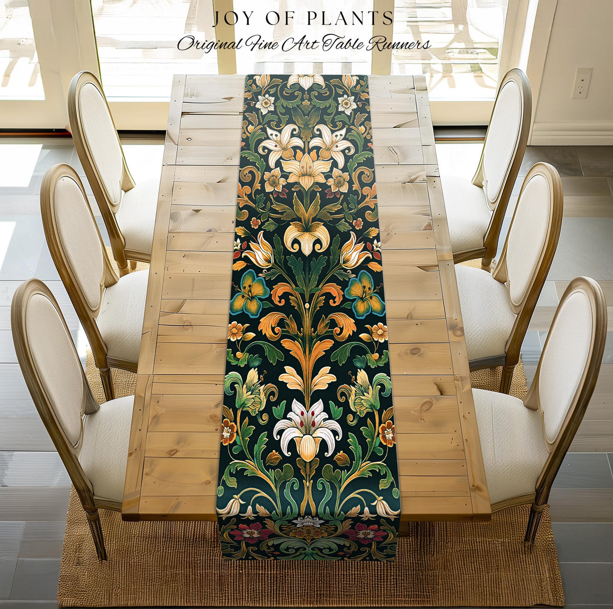 Rustic Farmhouse Floral Table Runner Country Cottage Charm | Soft Cottagecore Botanical Elegance Boho Flower Pattern Morris Style Home Decor